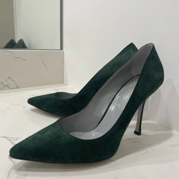 Sergio Rossi Dark Green Suede Pointed Toe Pumps Heels - Picture 3 of 16